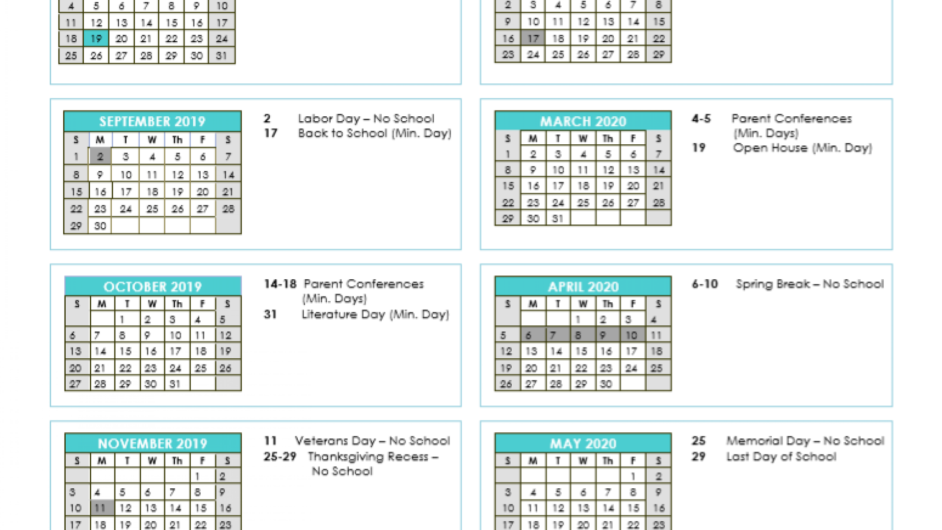 2019-2020 SPCS Oceanside School Calendar